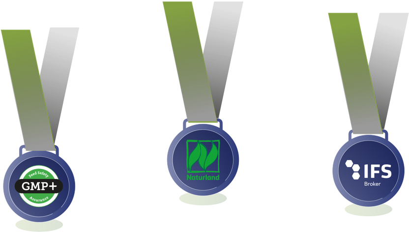 Tre medaglie blu con nastri verdi e grigi, ciascuna con un diverso simbolo o testo al centro.