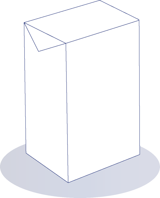 Eine einfache, weiße, UHT Packung mit einem dreieckigen Verschluss oben, auf einem grauen ovalen Schatten.