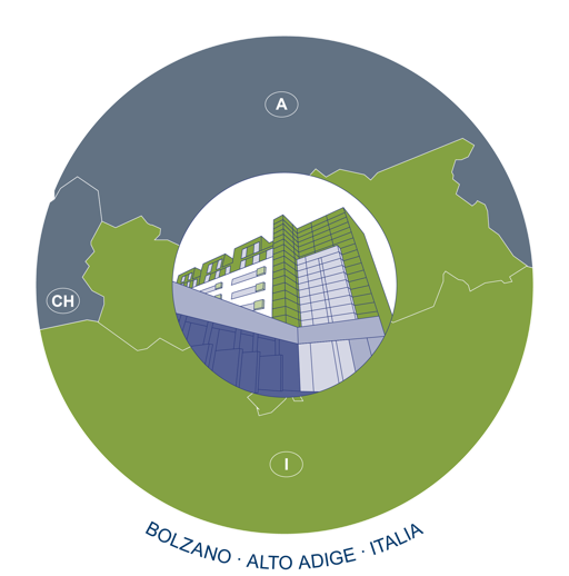 Illustration eines modernen Gebäudes in einem Kreis, umgeben von einer stilisierten Karte mit den Buchstaben "A", "CH" und "I". Unten steht "Bozen - Südtirol - Italien".