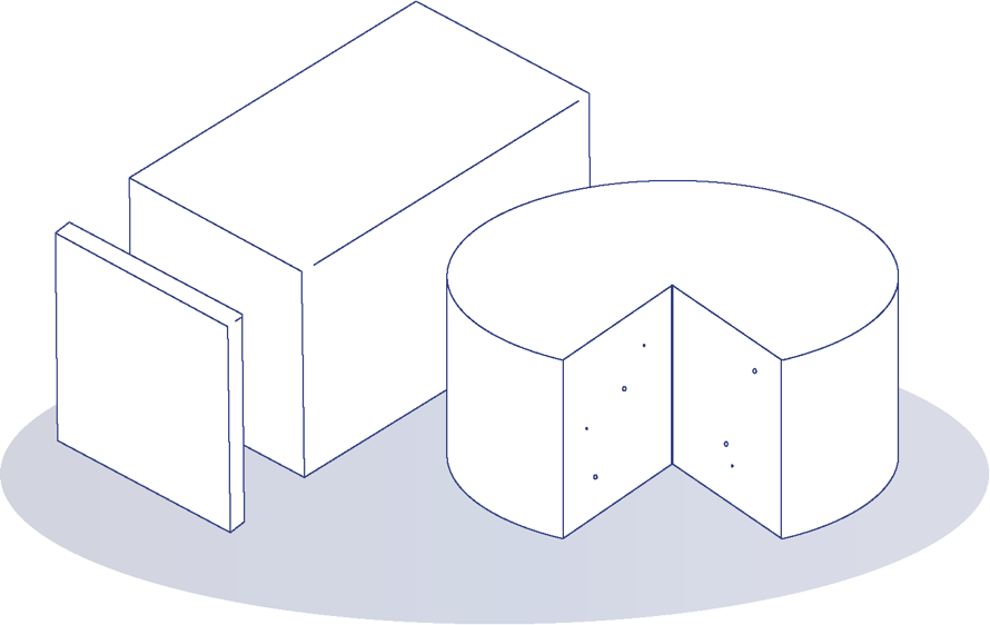 Drei Käsevarianten: ein Quadrat, ein Rechteck und ein Zylinder mit einem herausgeschnittenen Stück.