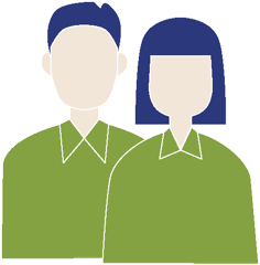 Due figure stilizzate con capelli blu, una con capelli corti e l'altra con capelli medi, entrambe indossano camicie verdi.