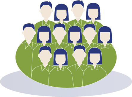 Illustration von sechzehn stilisierten Personen mit grüner Kleidung und blauen Haaren, die in einer Gruppe stehen.