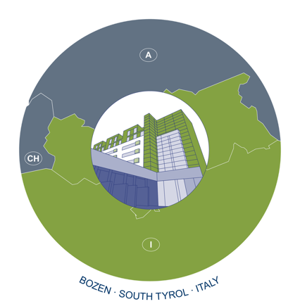 Illustration eines Gebäudes in einem Kreis, umgeben von einer stilisierten Karte mit den Buchstaben "A", "CH" und "I". Unten steht "Bozen - Südtirol - Italien".