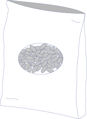 Eine weiße Tüte mit einem ovalen transparenten Fenster, das Reis zeigt.