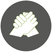 Grauer Kreis mit Symbolen: eine Schleife, zwei Personen, ein Stapel Papier, eine Glühbirne und Punkte.