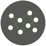 Grauer Kreis mit Symbolen: eine Schleife, zwei Personen, ein Stapel Papier, eine Glühbirne und Punkte.