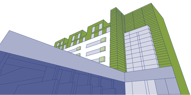 Illustrazione di un edificio moderno con facciata verde e blu, visto dal basso.