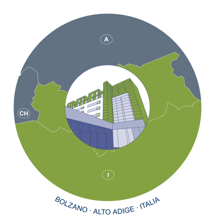 Illustrazione di un edificio moderno al centro di una mappa stilizzata che include le regioni limitrofe, con la scritta "Bolzano - Alto Adige - Italia" in basso.