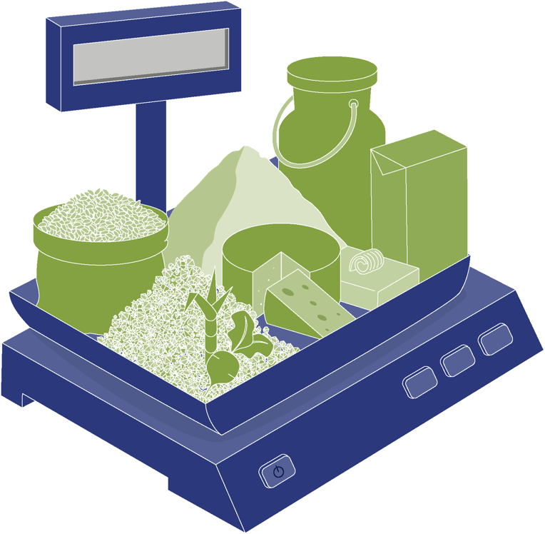 Illustration einer Waage mit verschiedenen Lebensmitteln wie Reis, Mehl, Käse, Milchkanne und einer Packung.