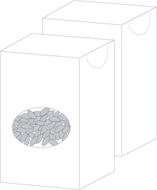 Zwei rechteckige Schachteln, eine mit einem ovalen Sichtfenster, das Reis zeigt.