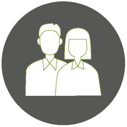 Grauer Kreis mit Symbolen: eine Schleife, zwei Personen, ein Stapel Papier, eine Glühbirne und Punkte.