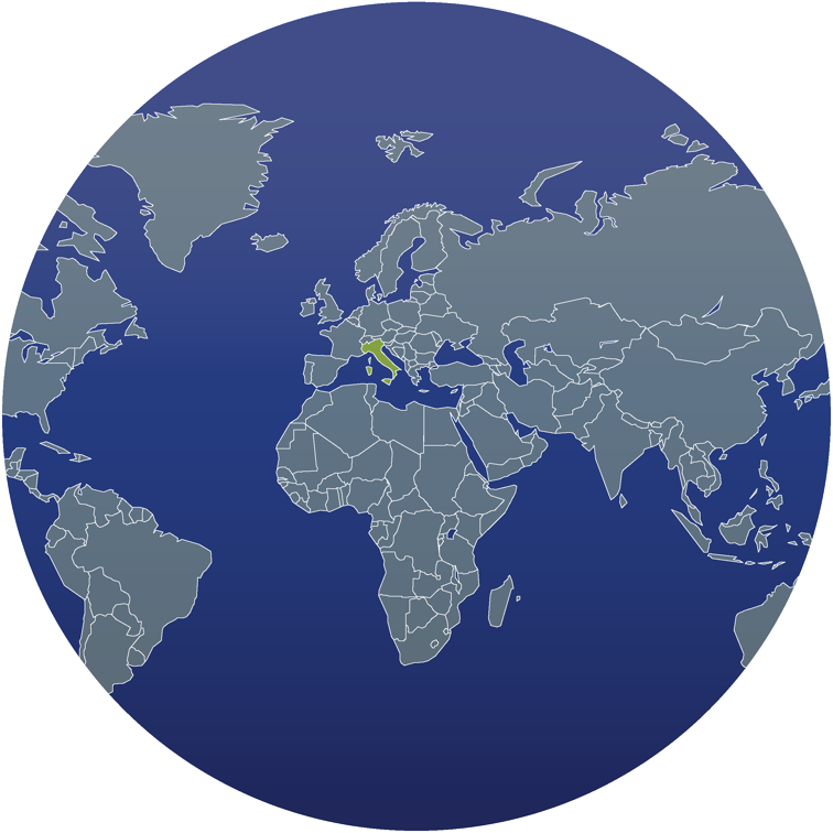 Mappa del mondo con i continenti in grigio su sfondo blu, evidenziato un piccolo paese in Europa.